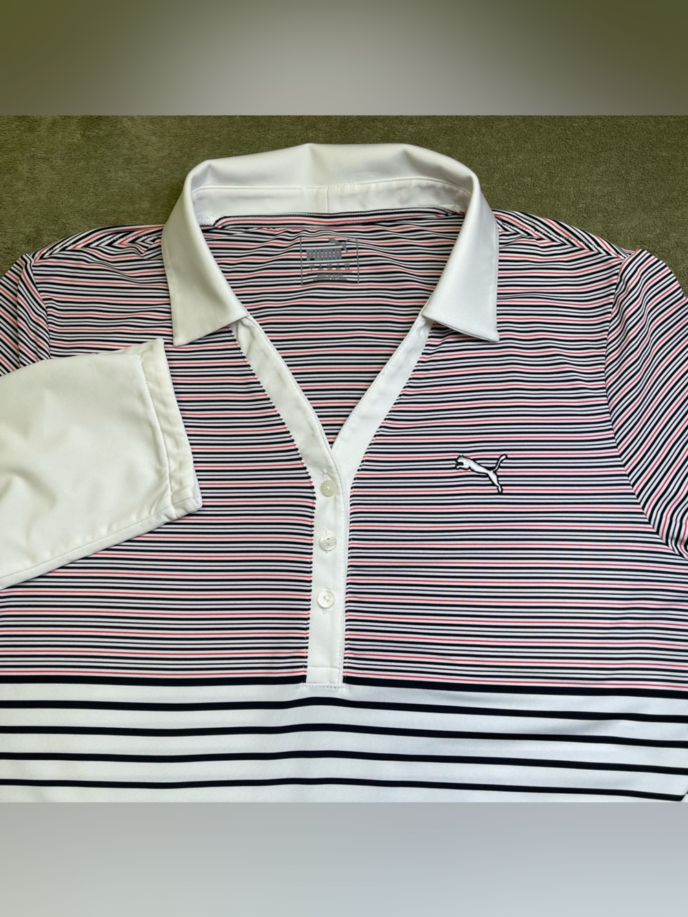 Puma Women Large White Red Black Striped 3/4 Sleeve DryCell Golf Polo Shirt